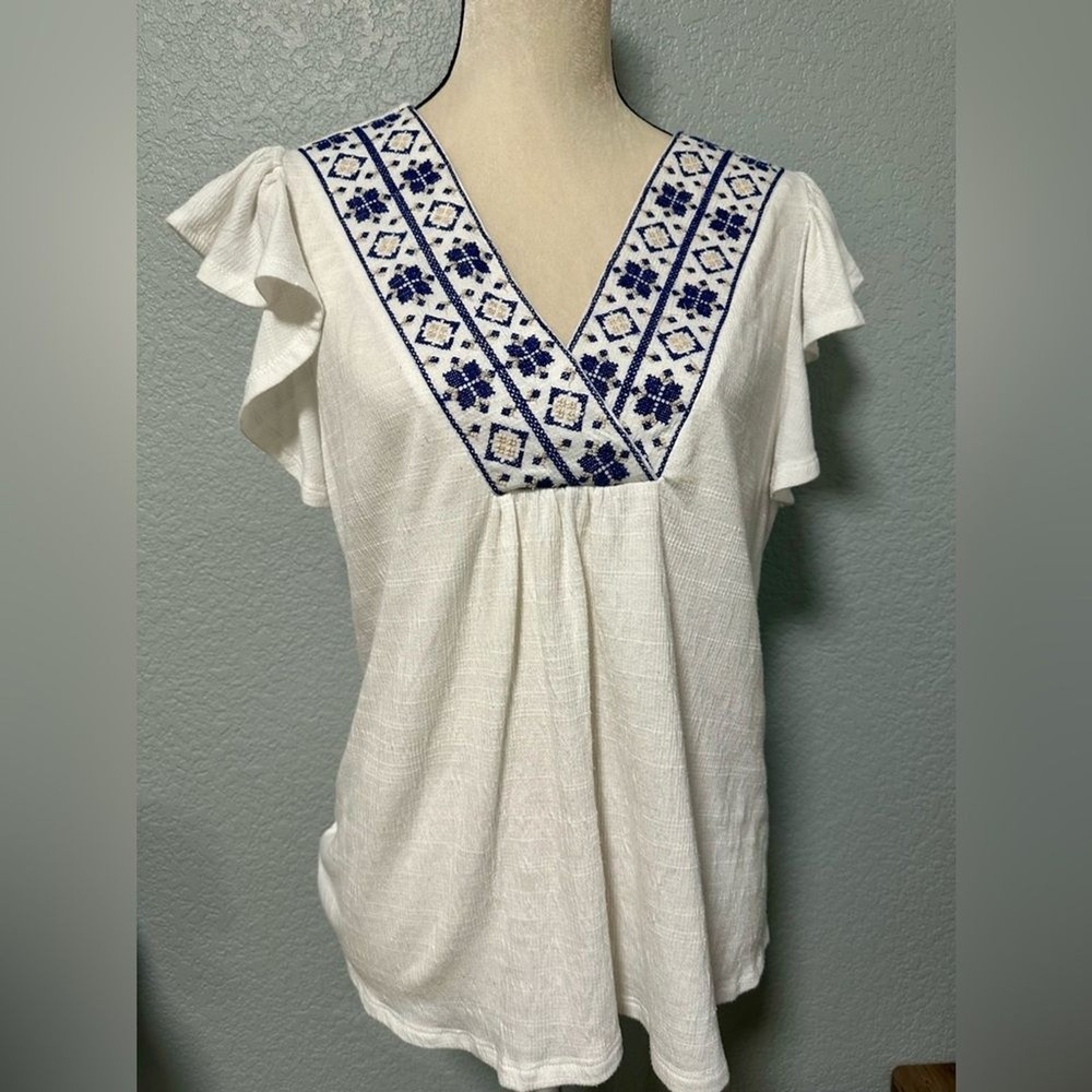 Anneliese Women's XL White‎ Embroidered V-Neck Flutter Sleeve Boho Blouse